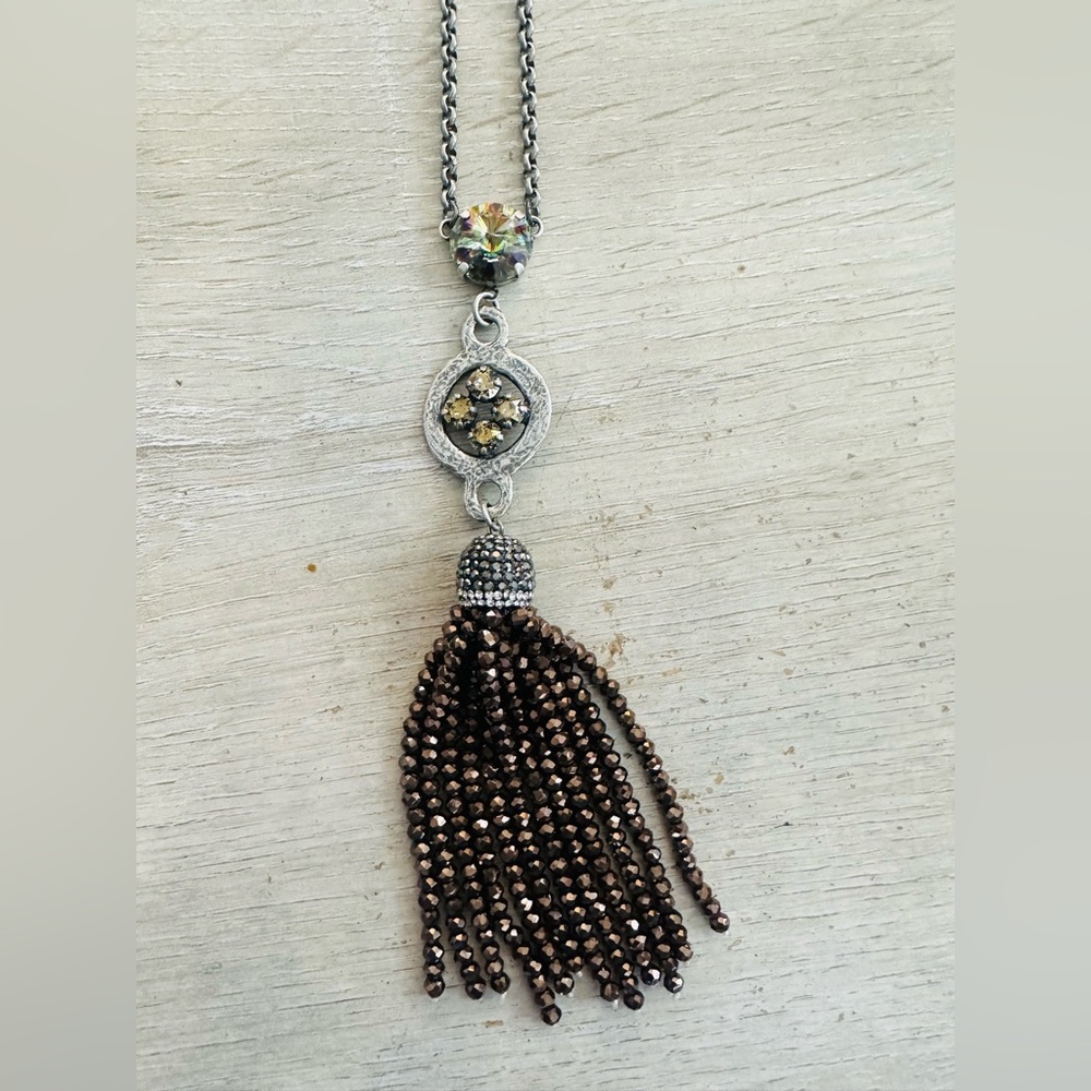 Silver-Tone Brown Tassel Pendant Necklace - Picture 2 of 4